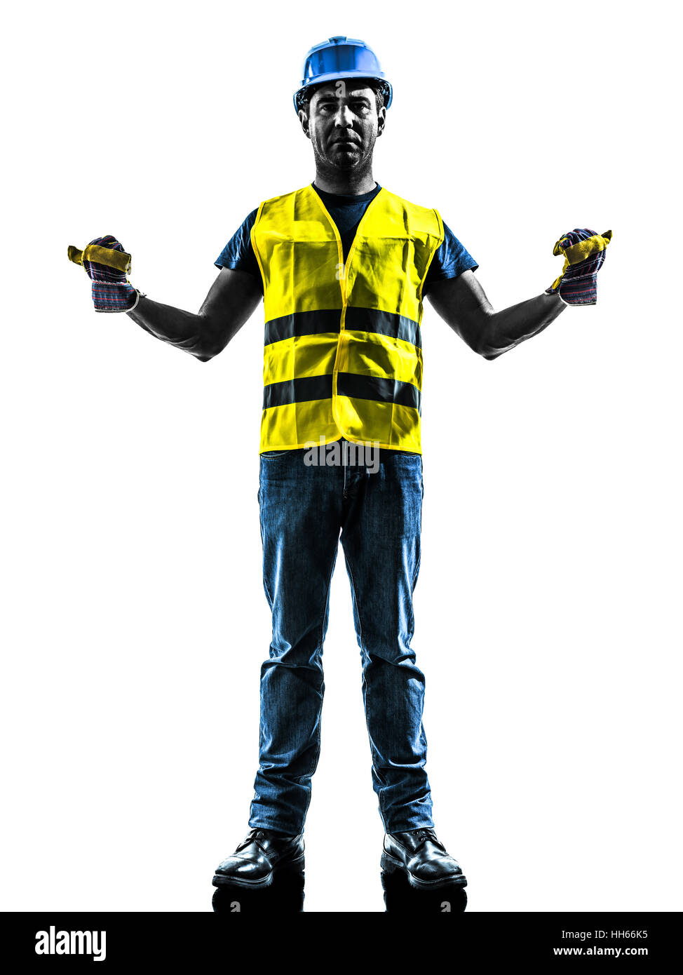 one construction worker signaling with safety vest extend boom silhouette isolated in white background Stock Photo