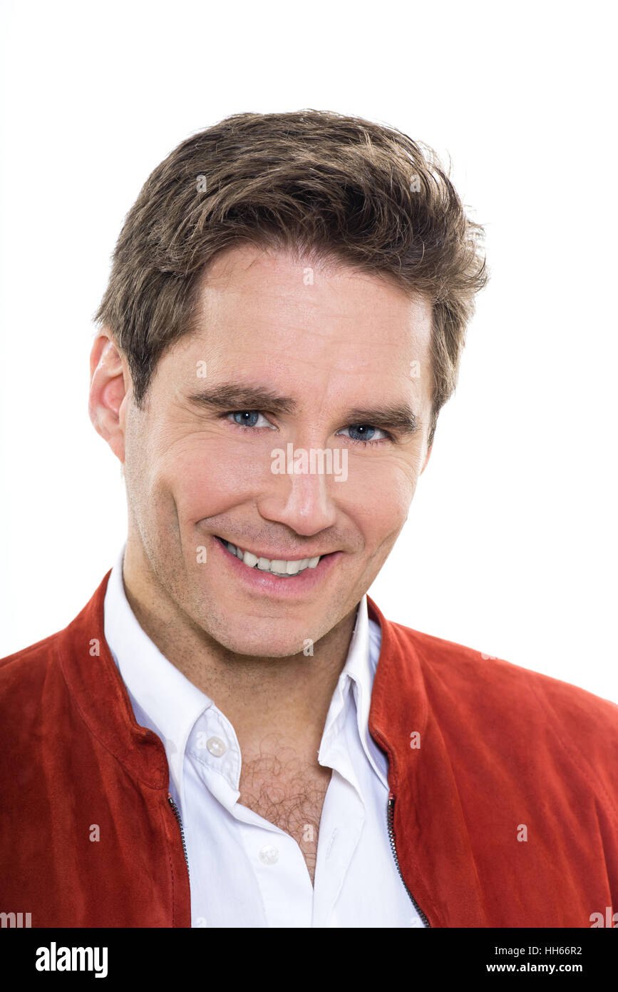 one  man mature handsome portrait blue eyes smiling portrait studio white background Stock Photo