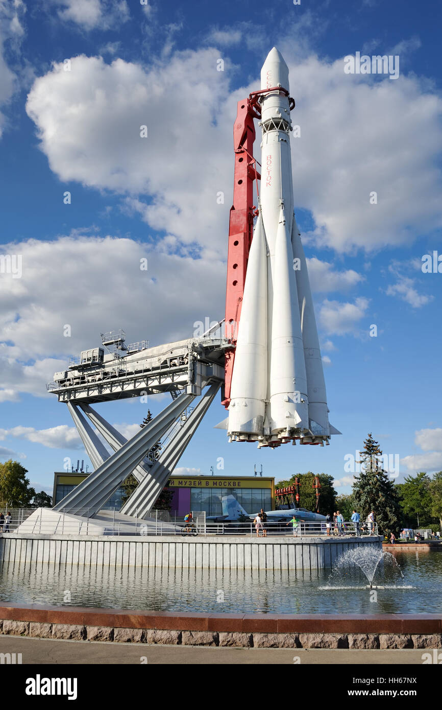 Rocket Vostok-1 under White Clouds in Summer at VDNKh. Moscow, Russia Stock Photo