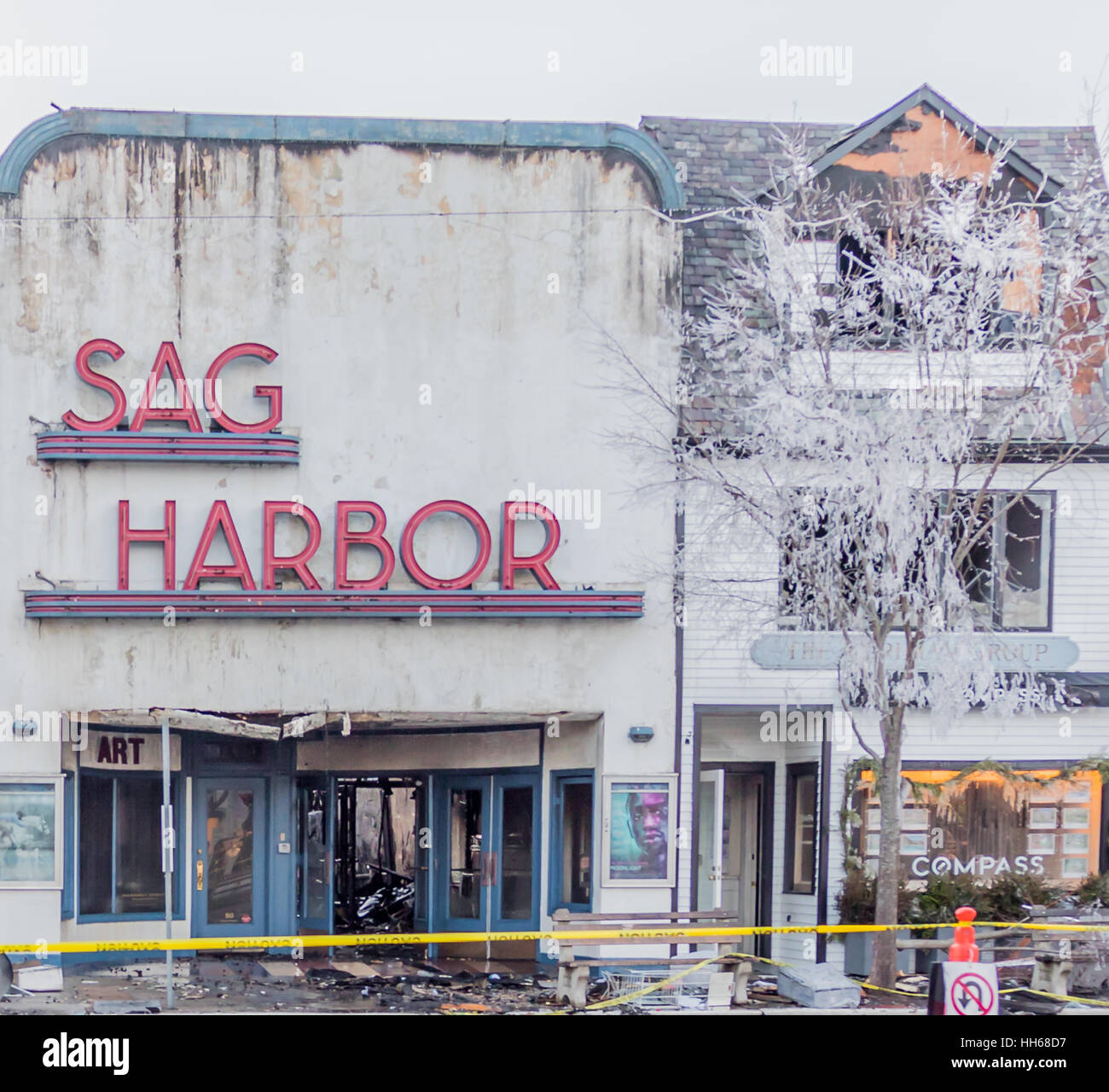 Sag Harbor movie theater after the fire had been put out. Stock Photo
