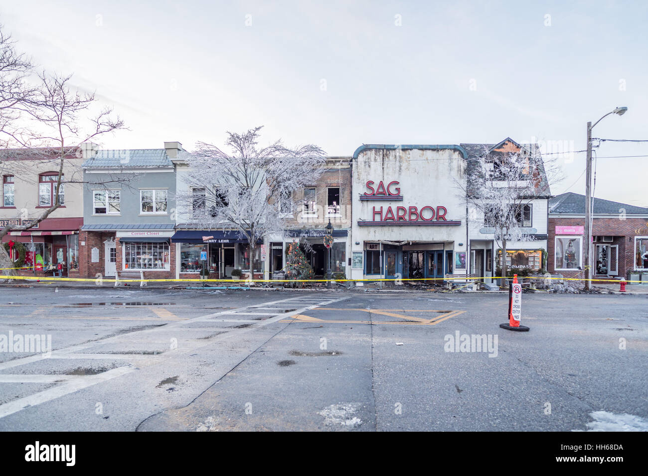 Sag Harbor movie theater after the fire had been put out. Stock Photo