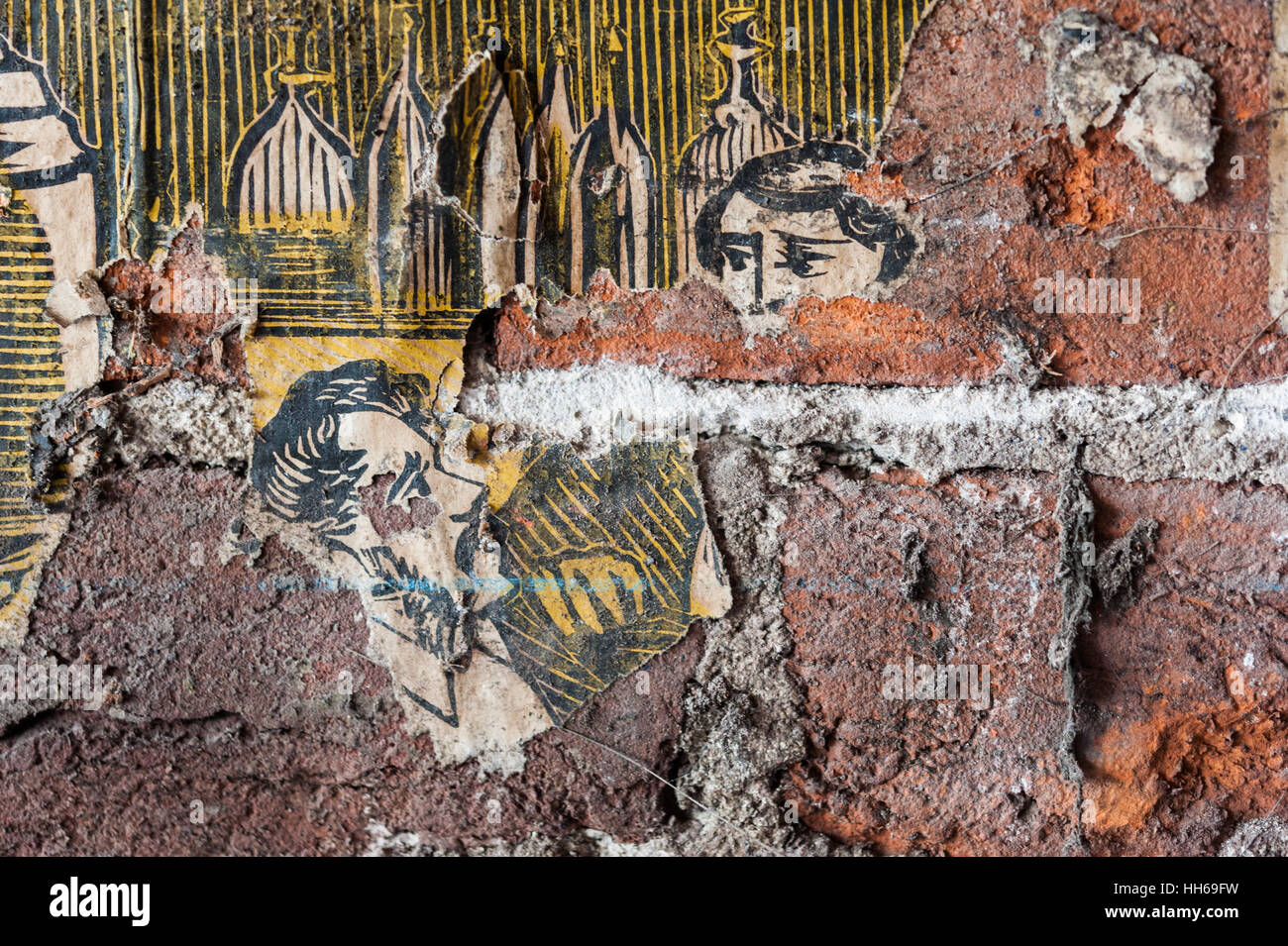 Vintage textures: old wallpaper, peeling paint, brick wall and layers of  different colorful backgrounds Stock Photo - Alamy