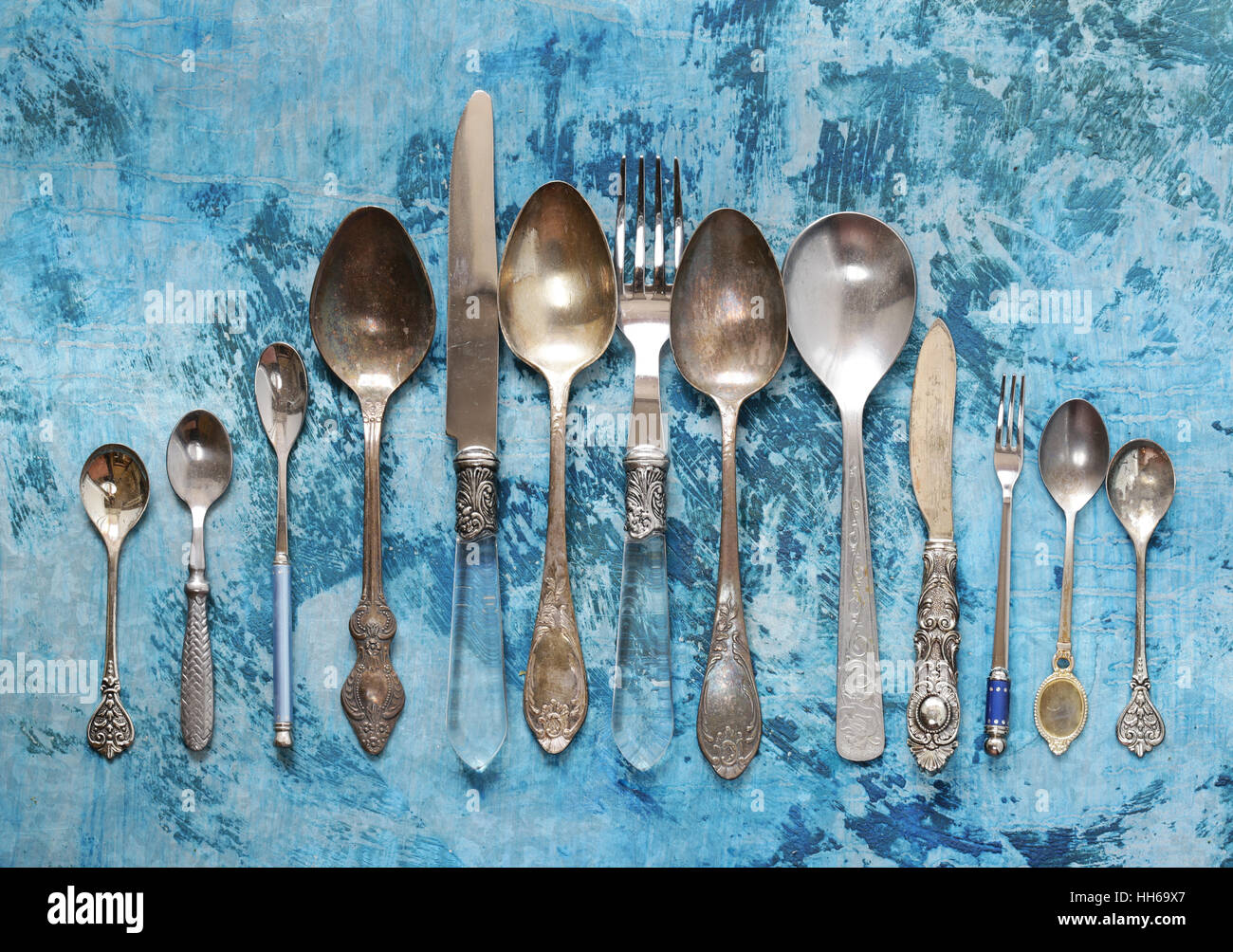 vintage silver cutlery spoons, forks, knives Stock Photo Alamy