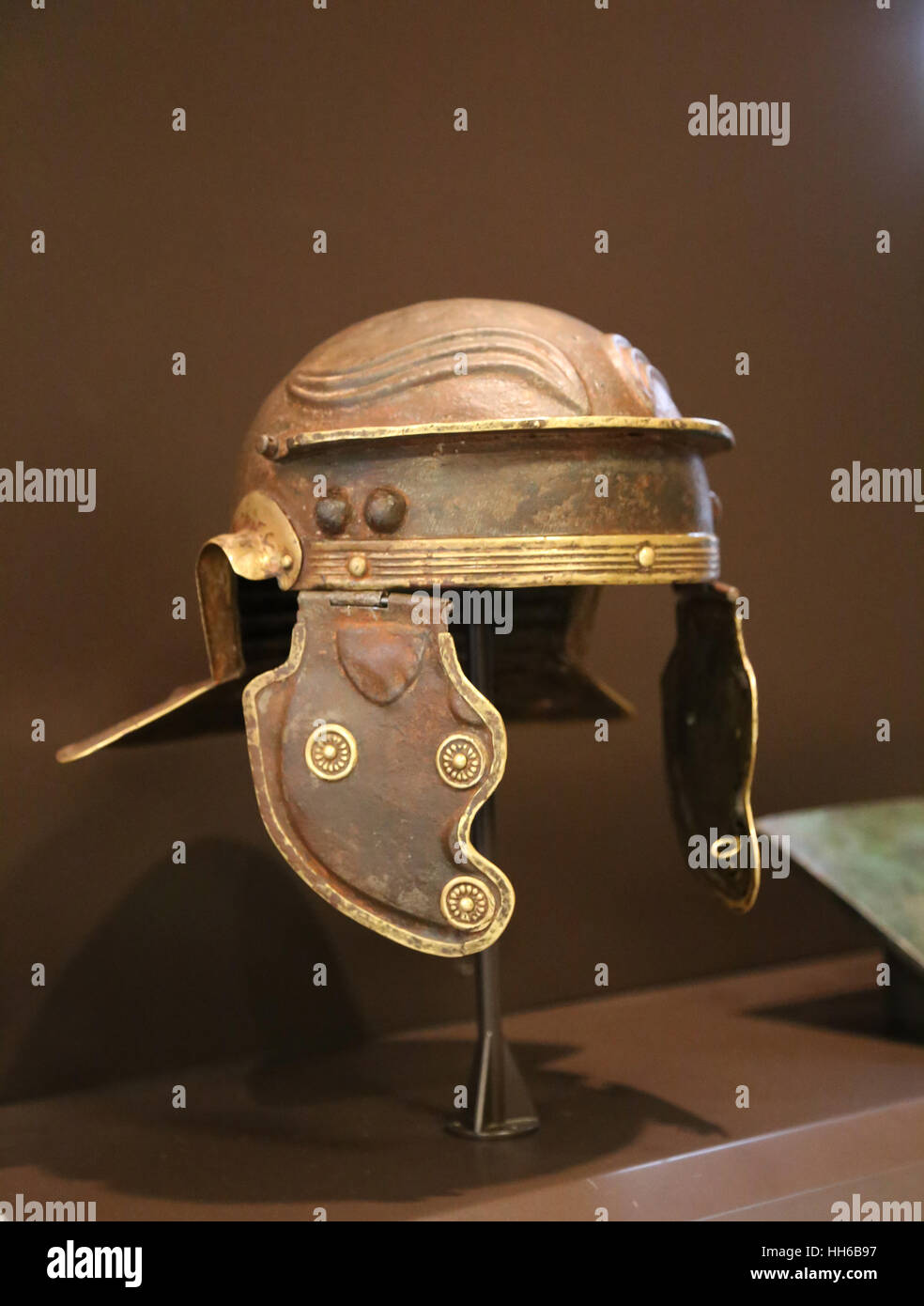 Galea. The roman soldier's helmet.  Centurion. Roman Hispania. Replica. National Archaeological Museum, Madrid. Spain. Stock Photo