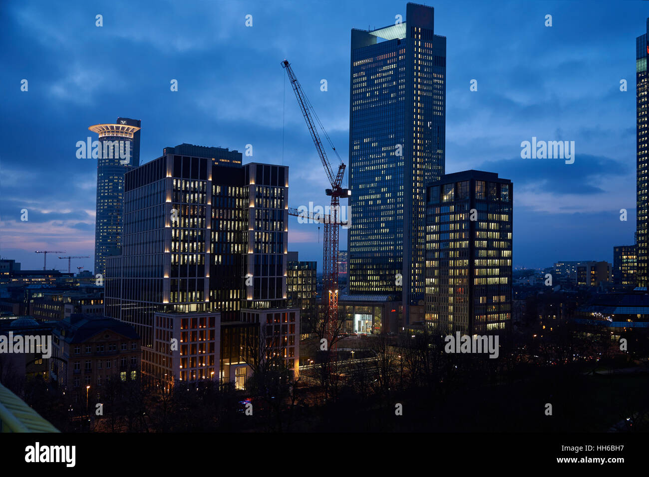 Illuminated high-rise office buildings,Frankfurt am Main Stock Photo ...
