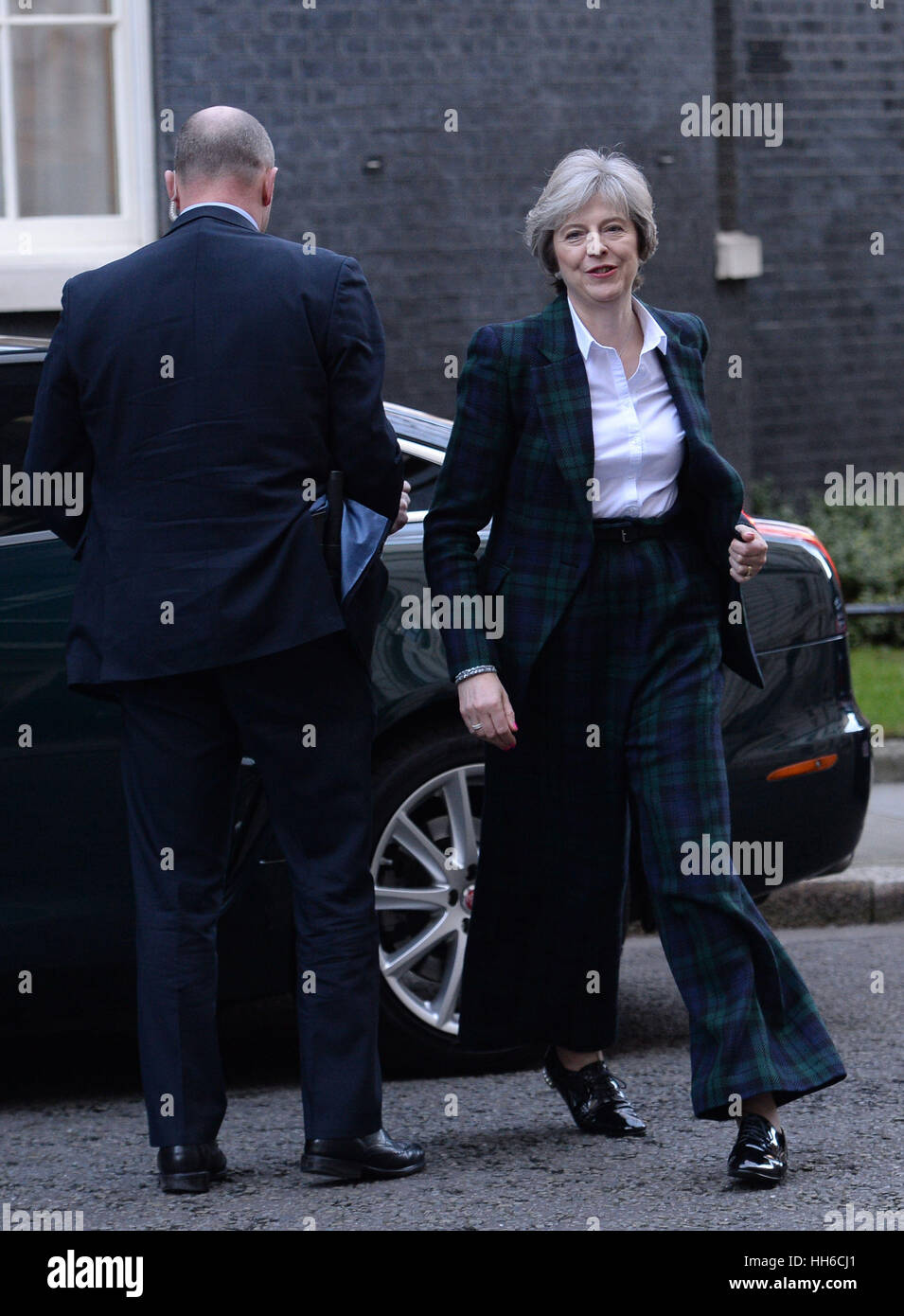 Prime Minister Theresa May arriving back in Downing Street in London, after delivering her speech on Brexit. Stock Photo