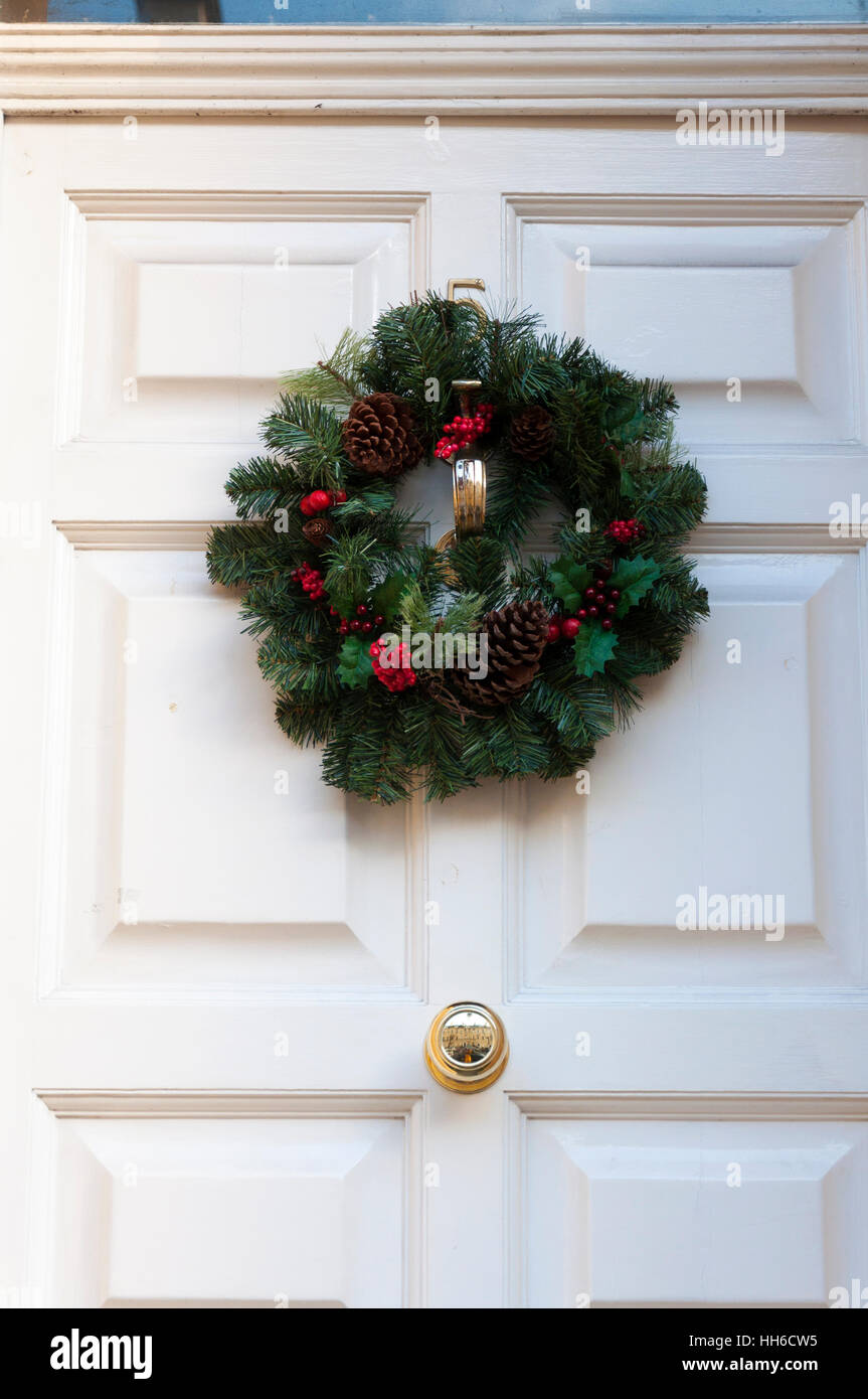Christmas wreath on front door Stock Photo Alamy