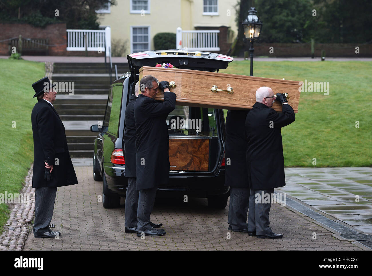 The coffin of victims' rights campaigner Jill Saward is carried into Lichfield Cathedral in Staffordshire before her funeral. Stock Photo