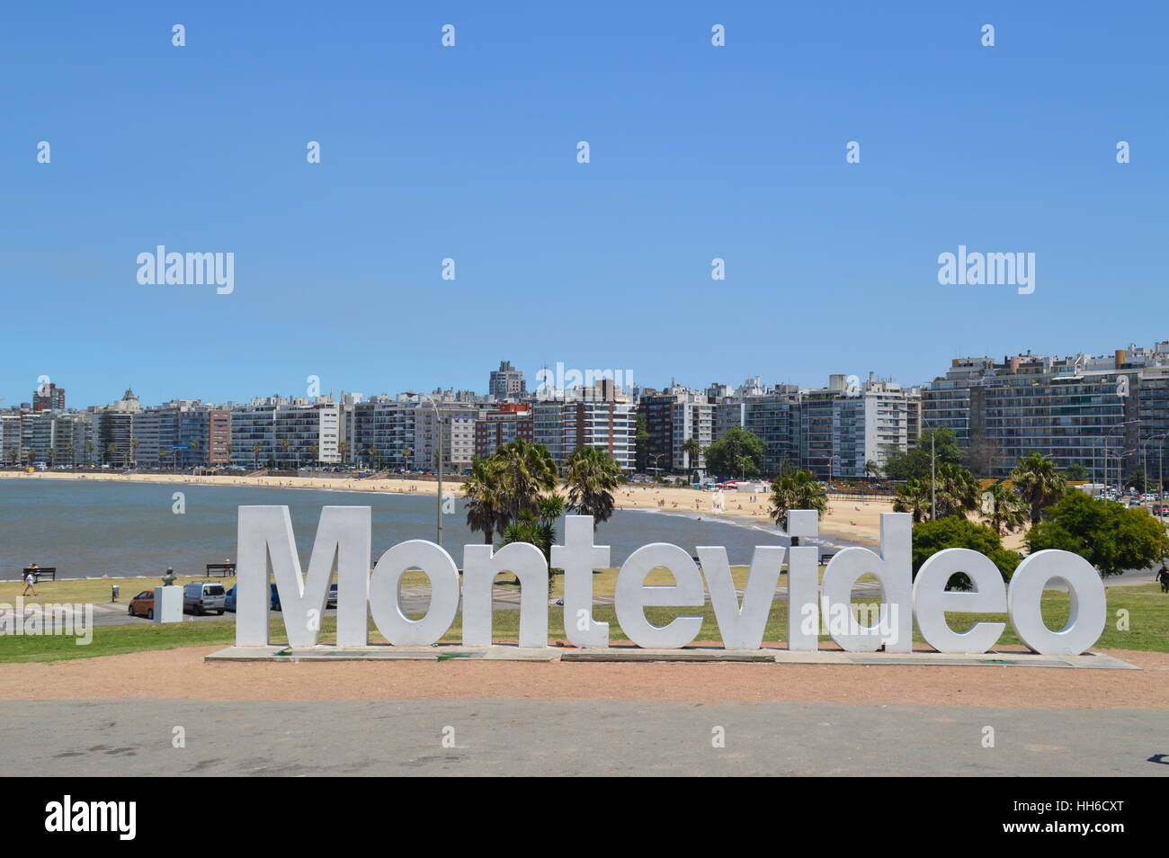 The letters of Montevideo near Pochito Beach in the city of Montevideo, Uruguay, Stock Photo