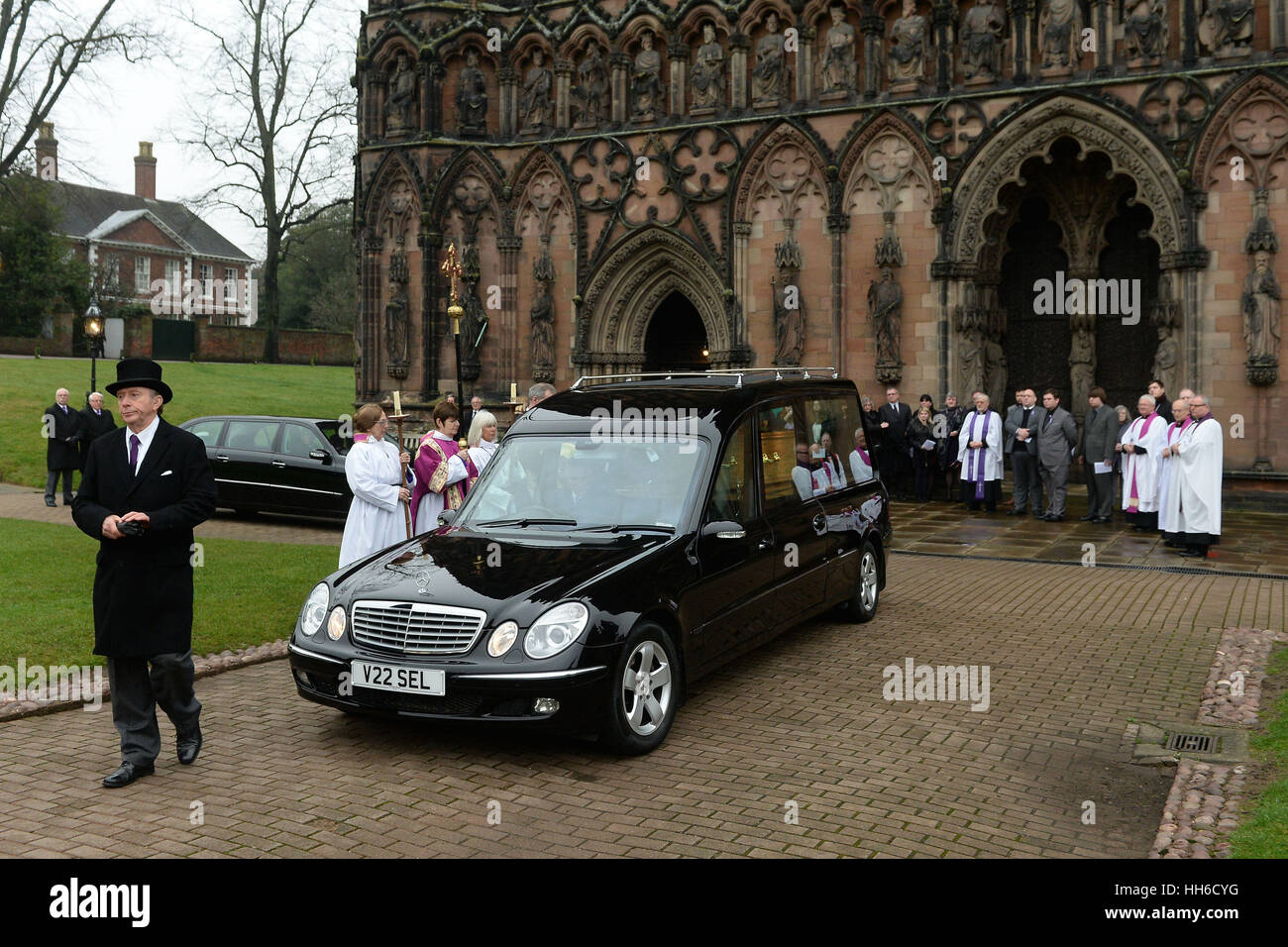 The funeral cortege for Jill Saward leaves Lichfield Cathedral in Staffordshire after her funeral. Stock Photo