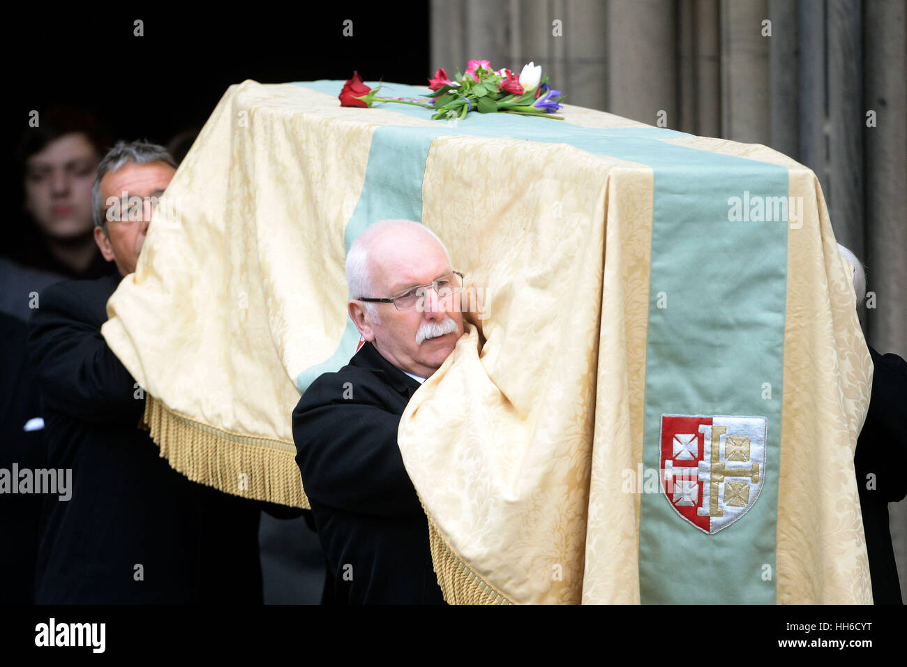 The coffin of victims' rights campaigner Jill Saward is carried out of Lichfield Cathedral in Staffordshire after her funeral. Stock Photo