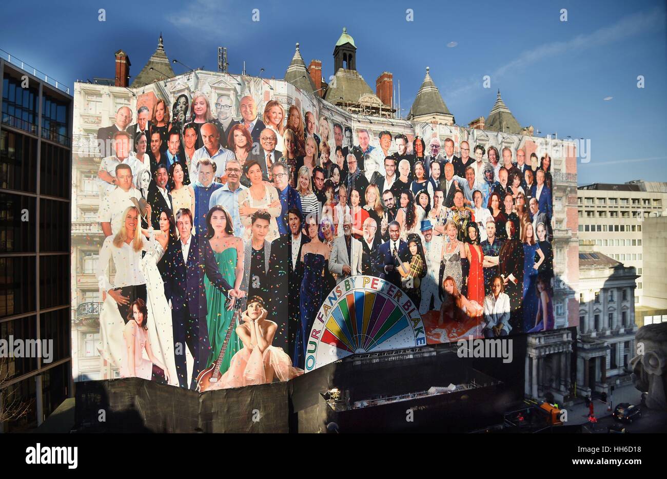 A collage by artist Sir Peter Blake called Our Fans, featuring Morgan Freeman, Sir Paul McCartney and Jerry Hall covers the front of the Mandarin Oriental Hyde Park Hotel, London, during it's restoration. Stock Photo