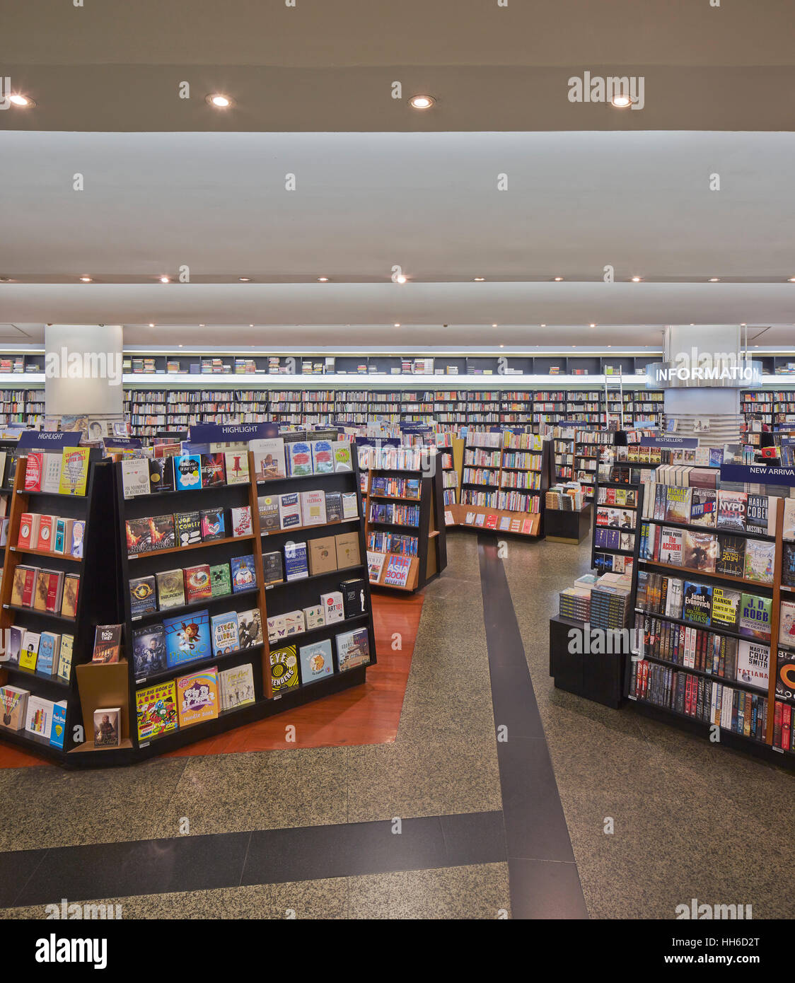 Elevated view across bookshelf assembly. Kinokuniya Bookstore, Bangkok