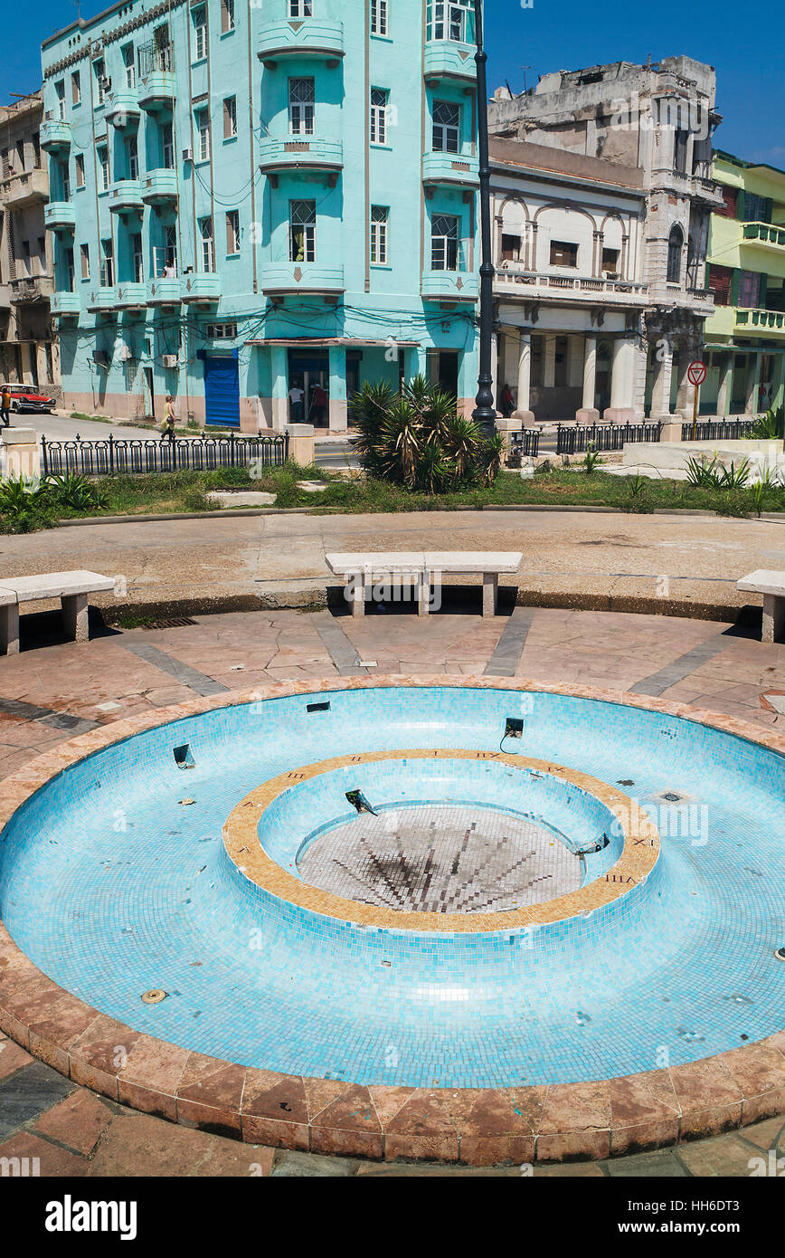 blue tiled cicular public fountain on the Malecón Havana Cuba Stock Photo