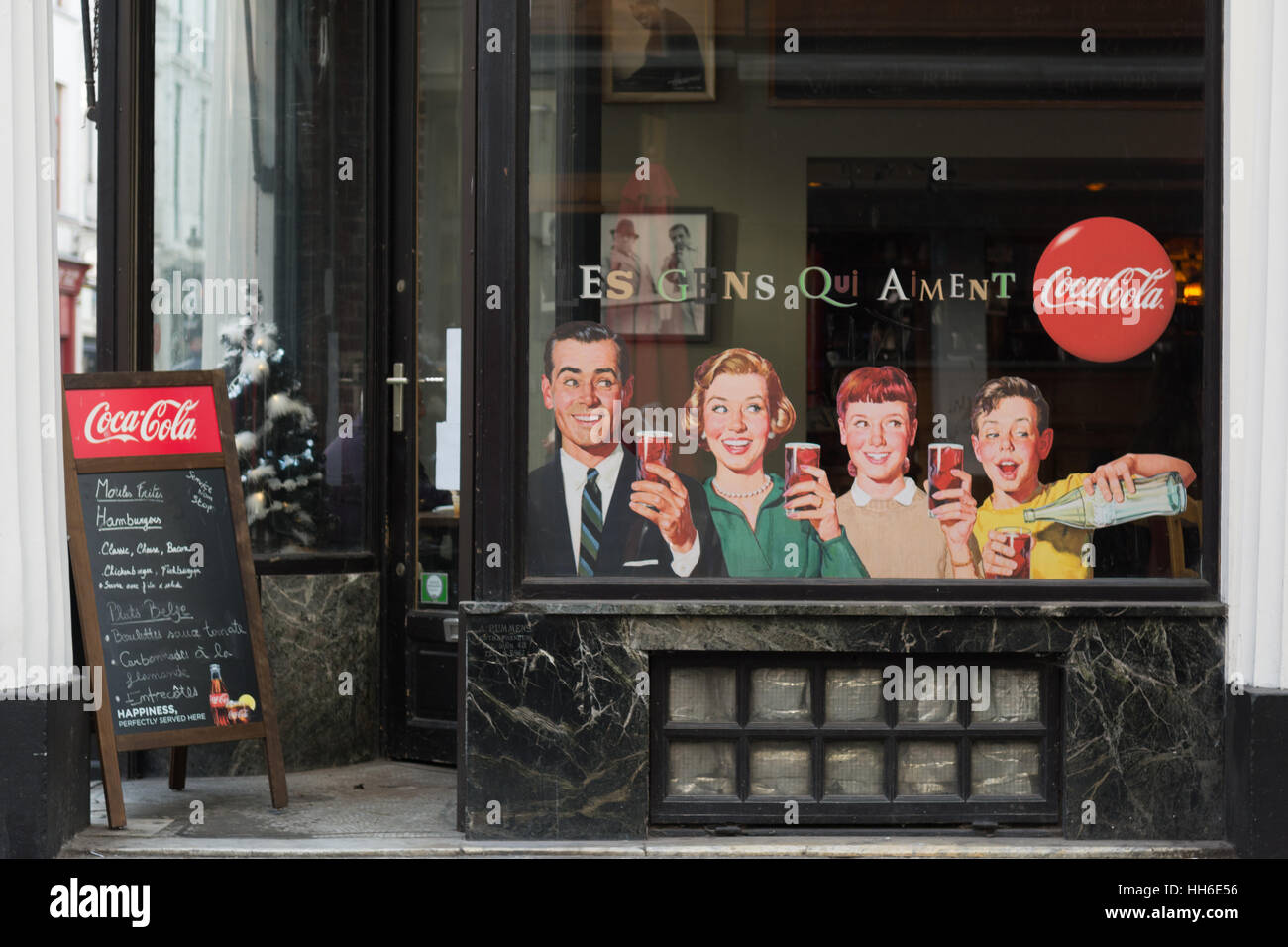 Coca Cola retro advertising on cafe window, Brussels, Belgium Stock Photo