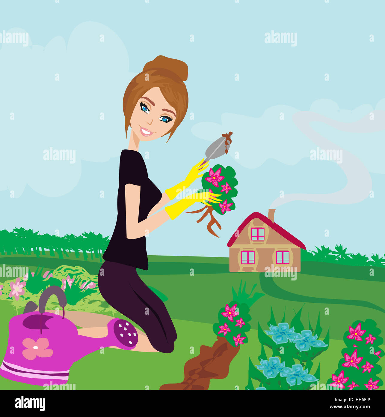 beautiful woman plant flowers in the garden Stock Photo - Alamy