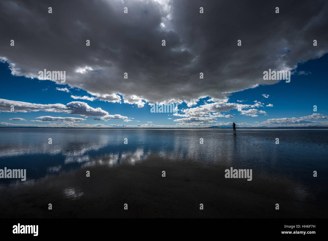 Tourist standing in a shallow water Bonneville Salt Flats Utah Stock Photo