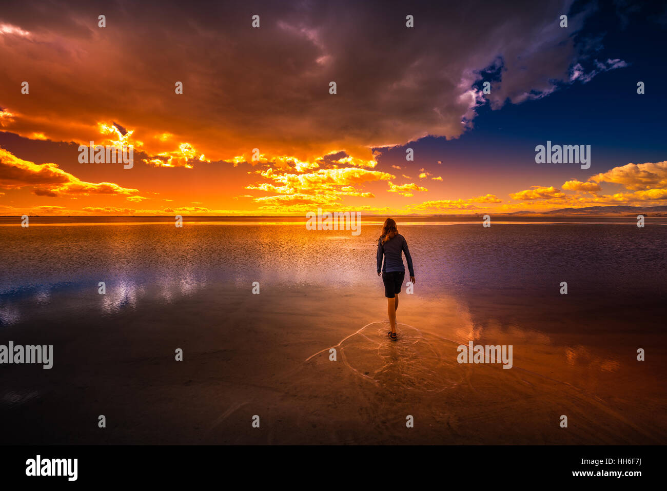Tourist walking in a shallow water Bonneville Salt Flats Utah at Sunset Stock Photo