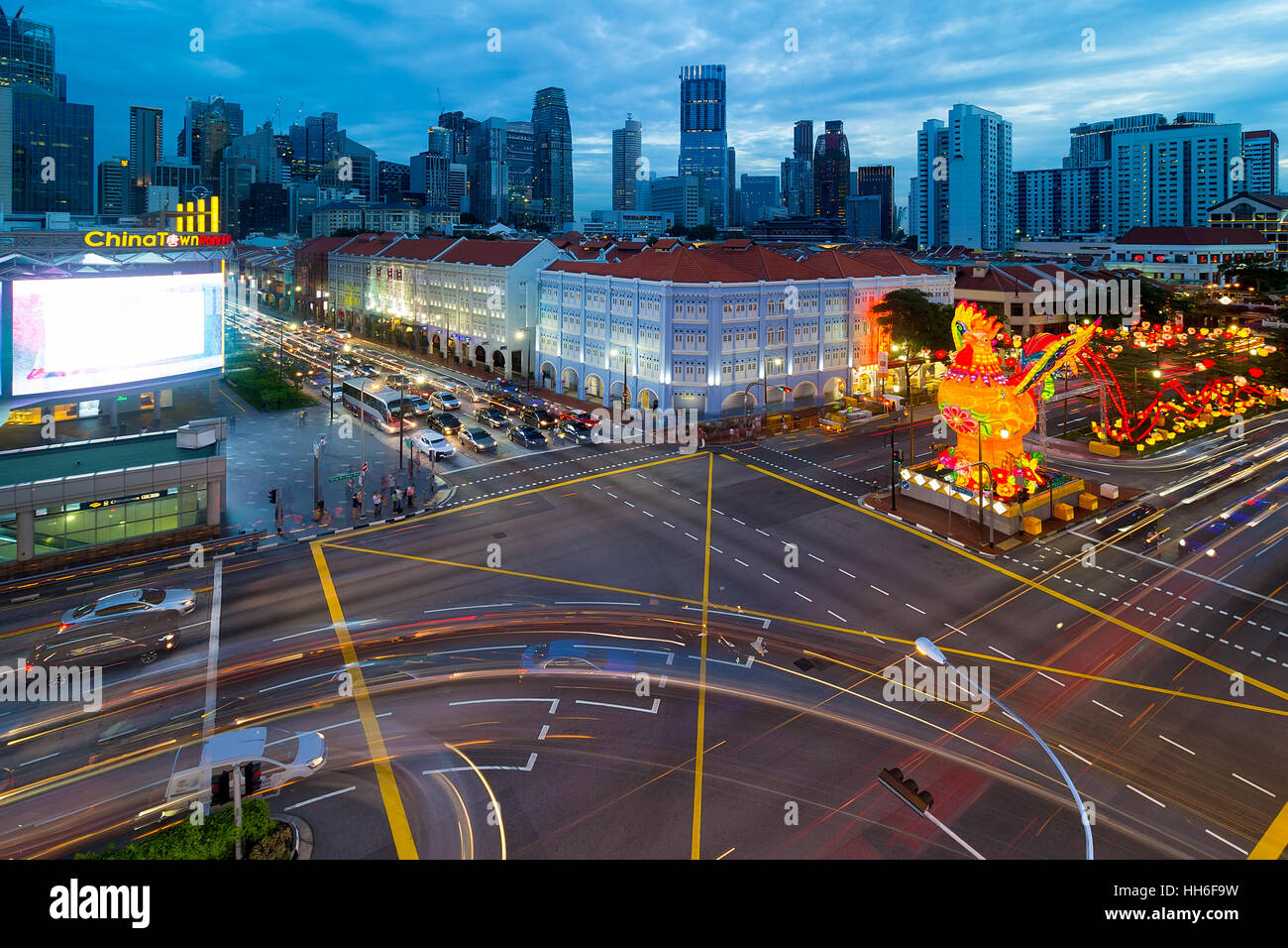 Singapore Chinatown with Lunar Chinese New Year of the Rooster 2017 Street Decoration Lit during evening rush hour Stock Photo