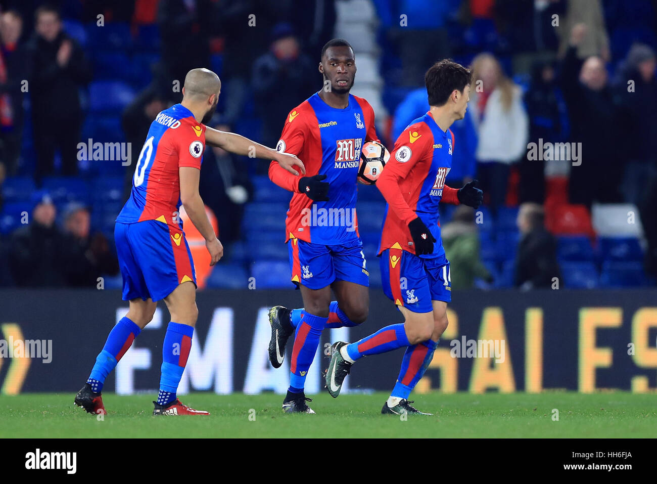 Crystal Palace's Christian Benteke celebrates scoring his side's first goal of the game during the Emirates FA Cup, third round replay match at Selhurst Park, London. Stock Photo