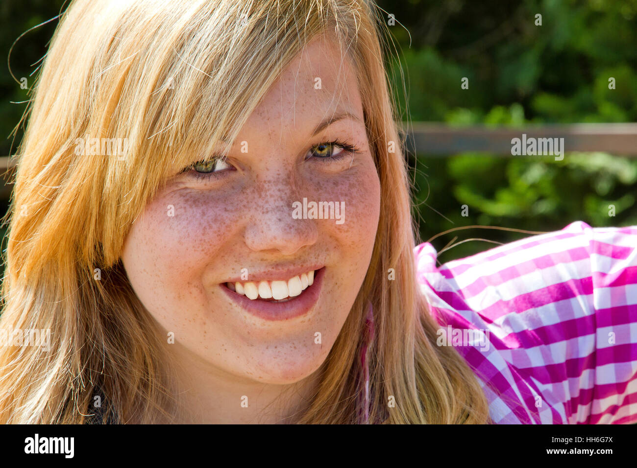 woman, face, portrait, freckles, enthusiasm, amusement, enjoyment, joy, gag, Stock Photo