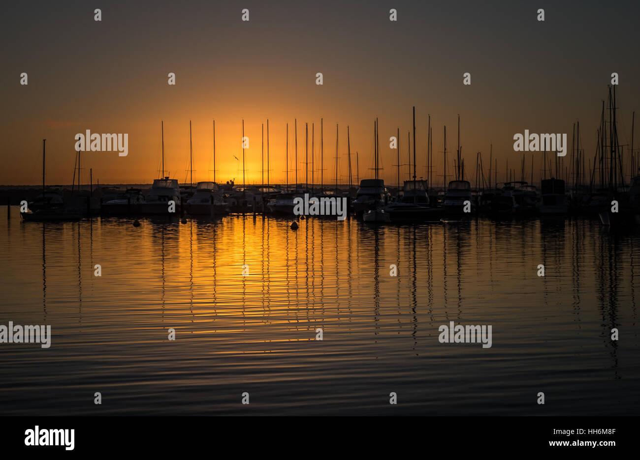 Sunrise at the Matilda Bay yacht club with reflections on the Swan River Stock Photo