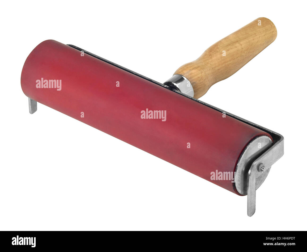 studio photography of a inking roller with red gum and wooden handle, isolated on white with clipping path Stock Photo