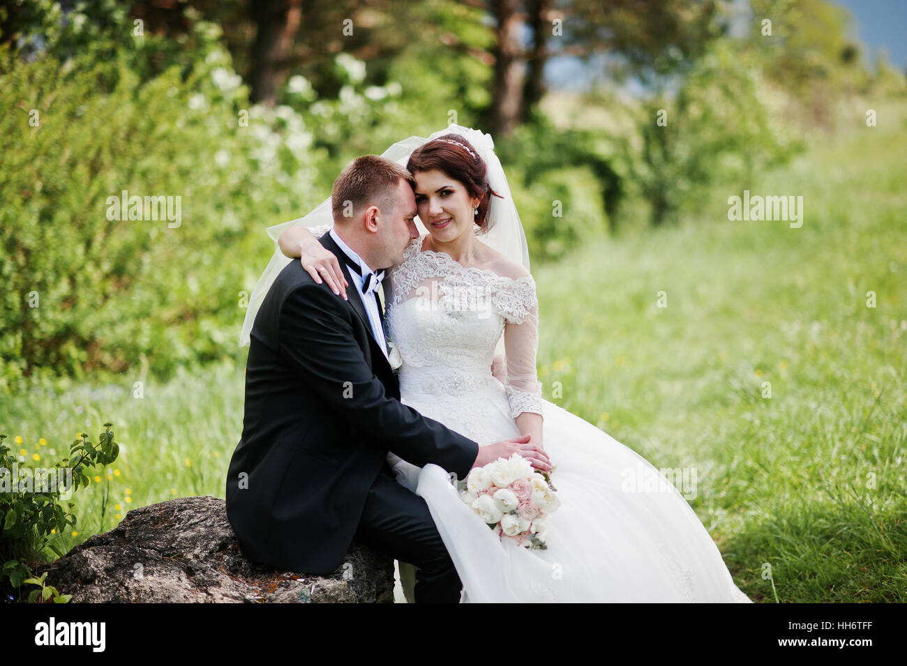 Happy newlyweds kissing sitting hi-res stock photography and images - Alamy