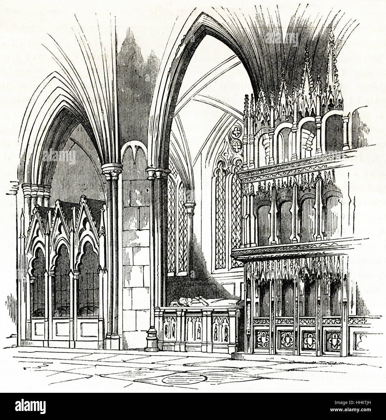 Shrine of St Frideswida in Christ Church Cathedral Oxford established 1122 as a priory. Victorian woodcut circa 1845 Stock Photo