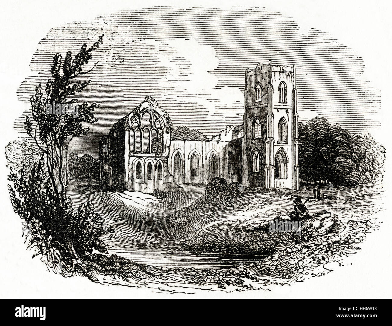 Ruins of Fountains Abbey North Yorkshire England UK founded in the 12th Century. Victorian woodcut circa 1845 Stock Photo