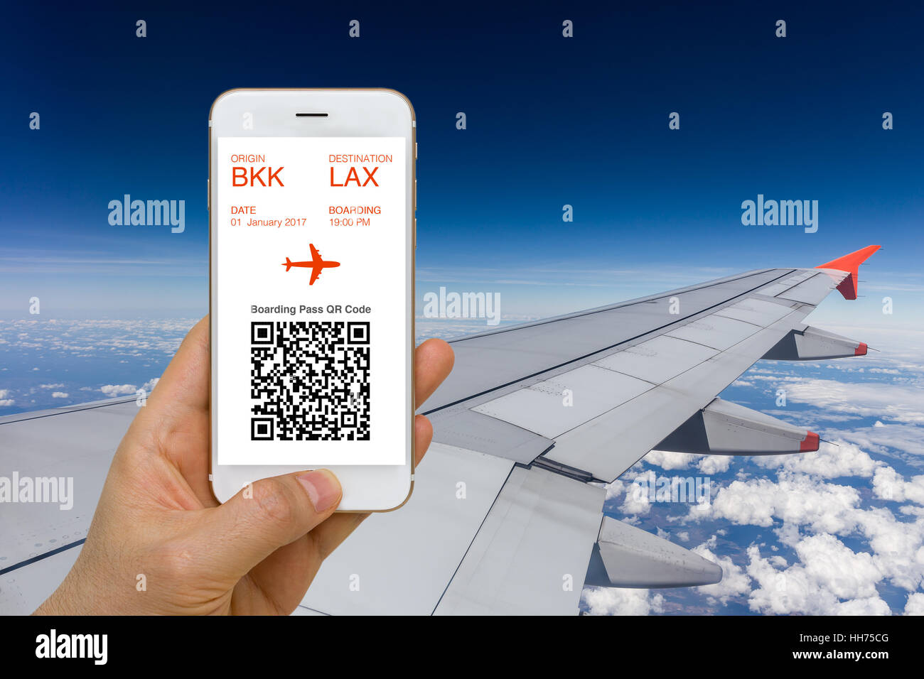 Concept of e-ticket or boarding pass application for traveling by plane on smartphone screen. Stock Photo
