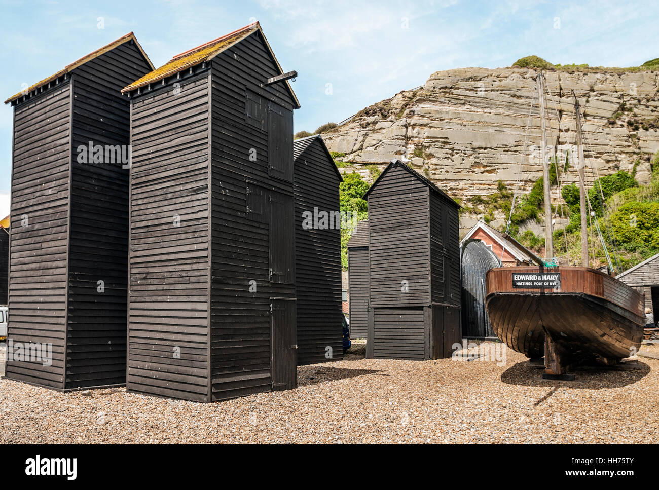 Historical Net-Shops in Hastings. These wooden constructions, weather boarded and tarred and used for storage Stock Photo