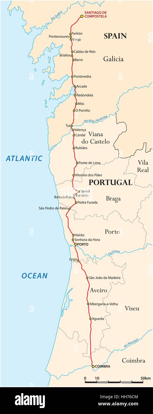 Map of the Way of St. James from Coimbra to Santiago de Compostela (Caminho Portugues), Spain, Portugal Stock Vector