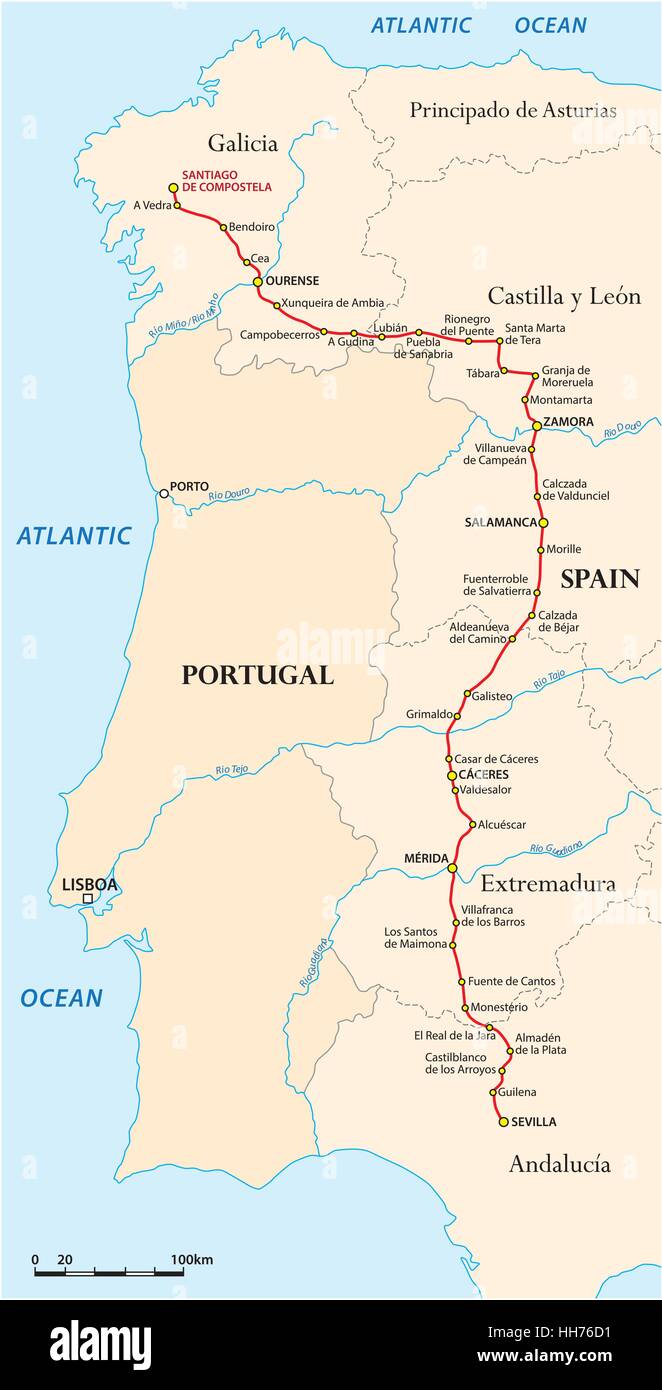 Map of the Way of St. James from Seville to Santiago de CoSantiago de Compostelampostela (Via de la Plata), Spain Stock Vector