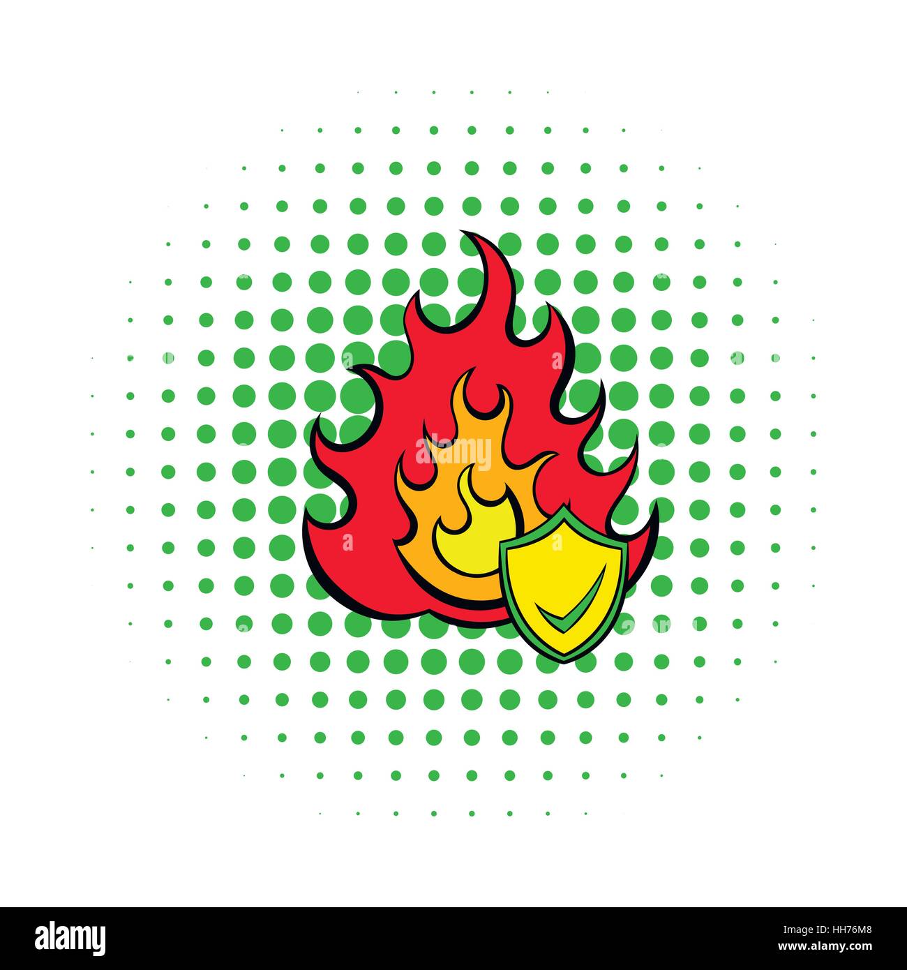 Fire and shield with tick icon, comics style Stock Vector