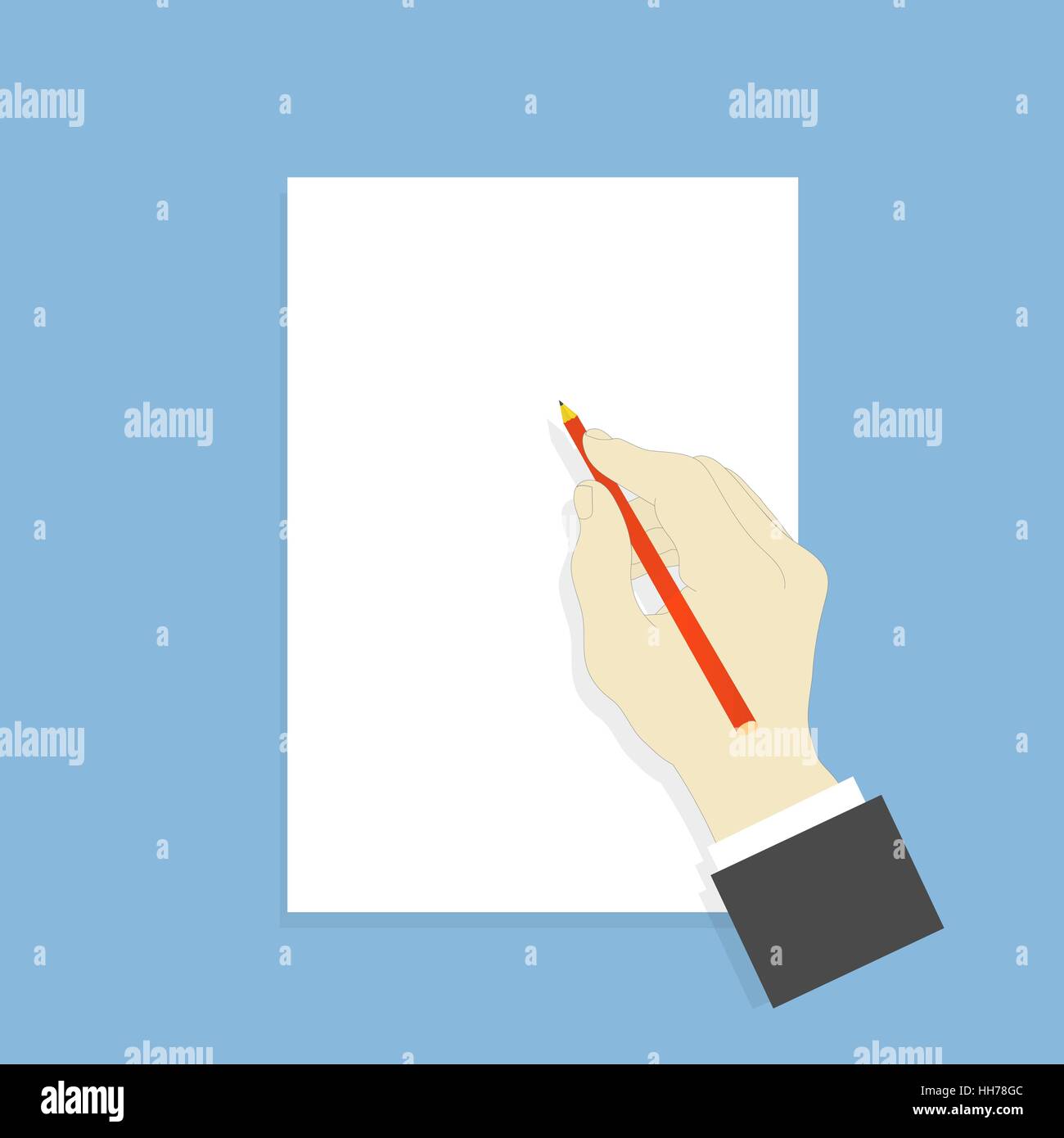 Hand with pencil and white sheet of paper. Vector illustration Stock ...