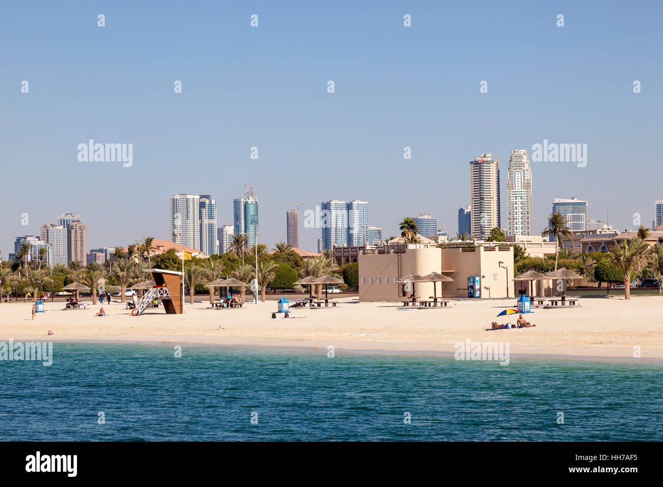 Beautiful Al Mamzar beach in the city of Dubai, UAE Stock Photo