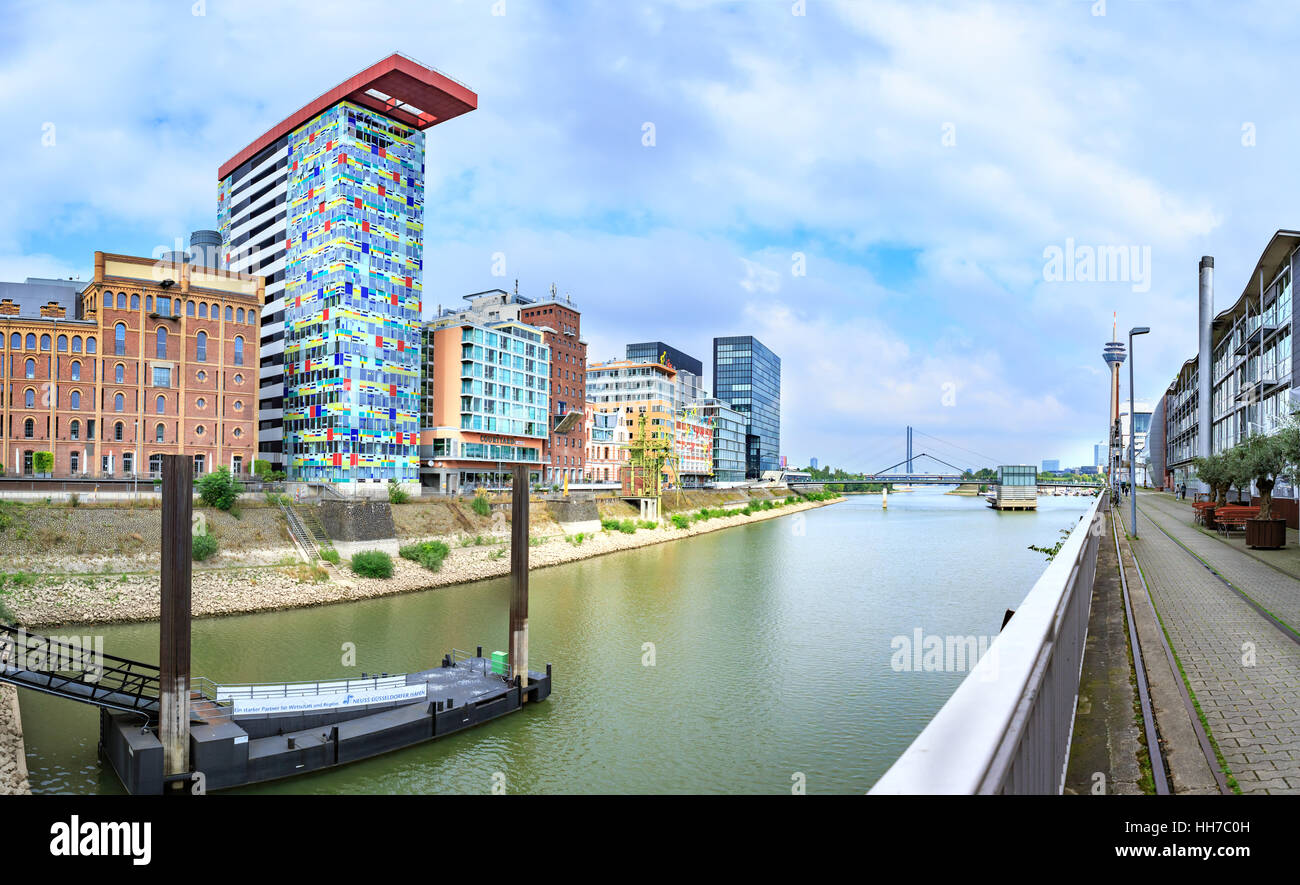 Rhine river boardwalk with view on Dusseldorf city in Germany Stock Photo