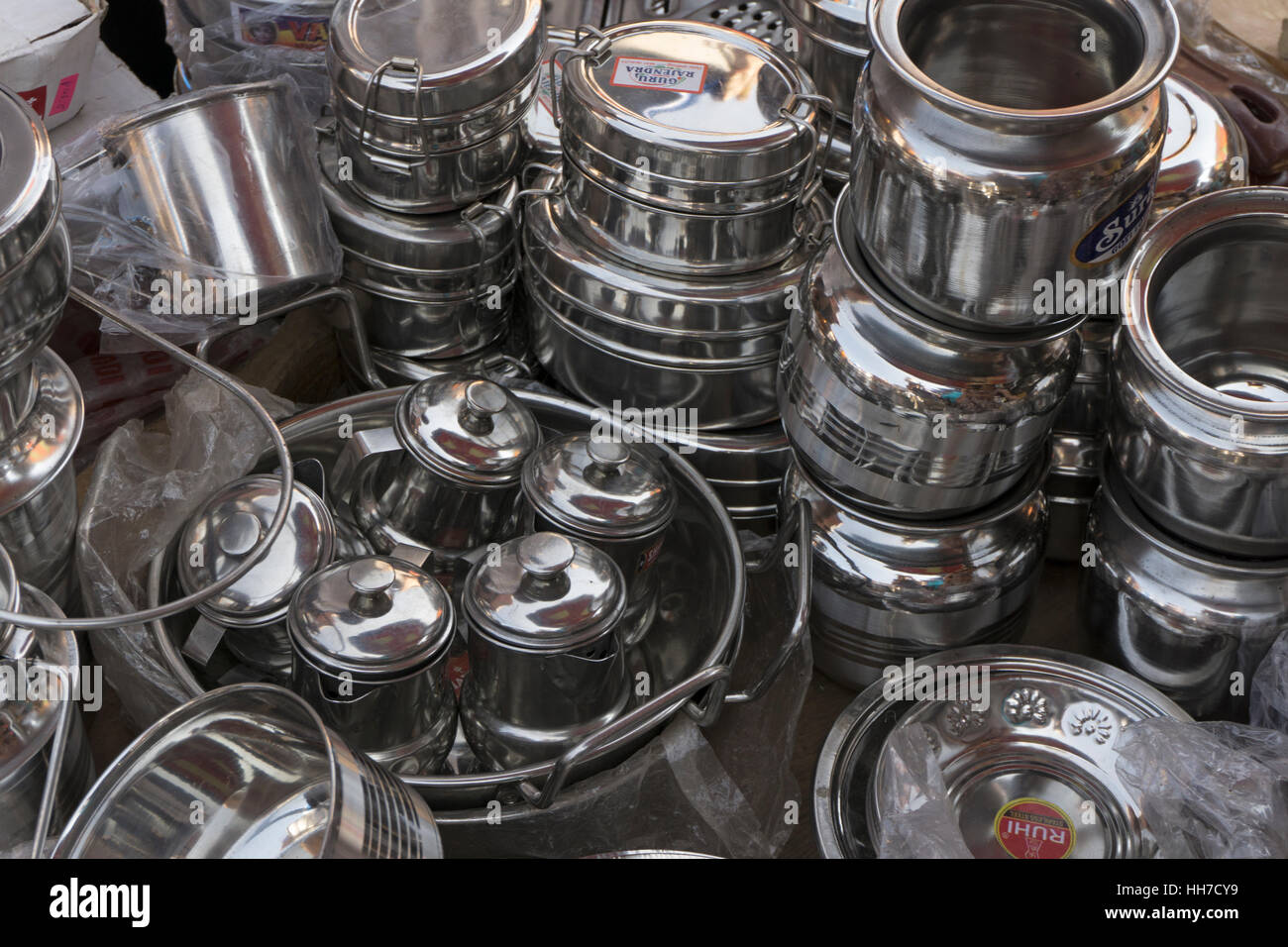 metal pots pans for sale mapusa market goa india Stock Photo