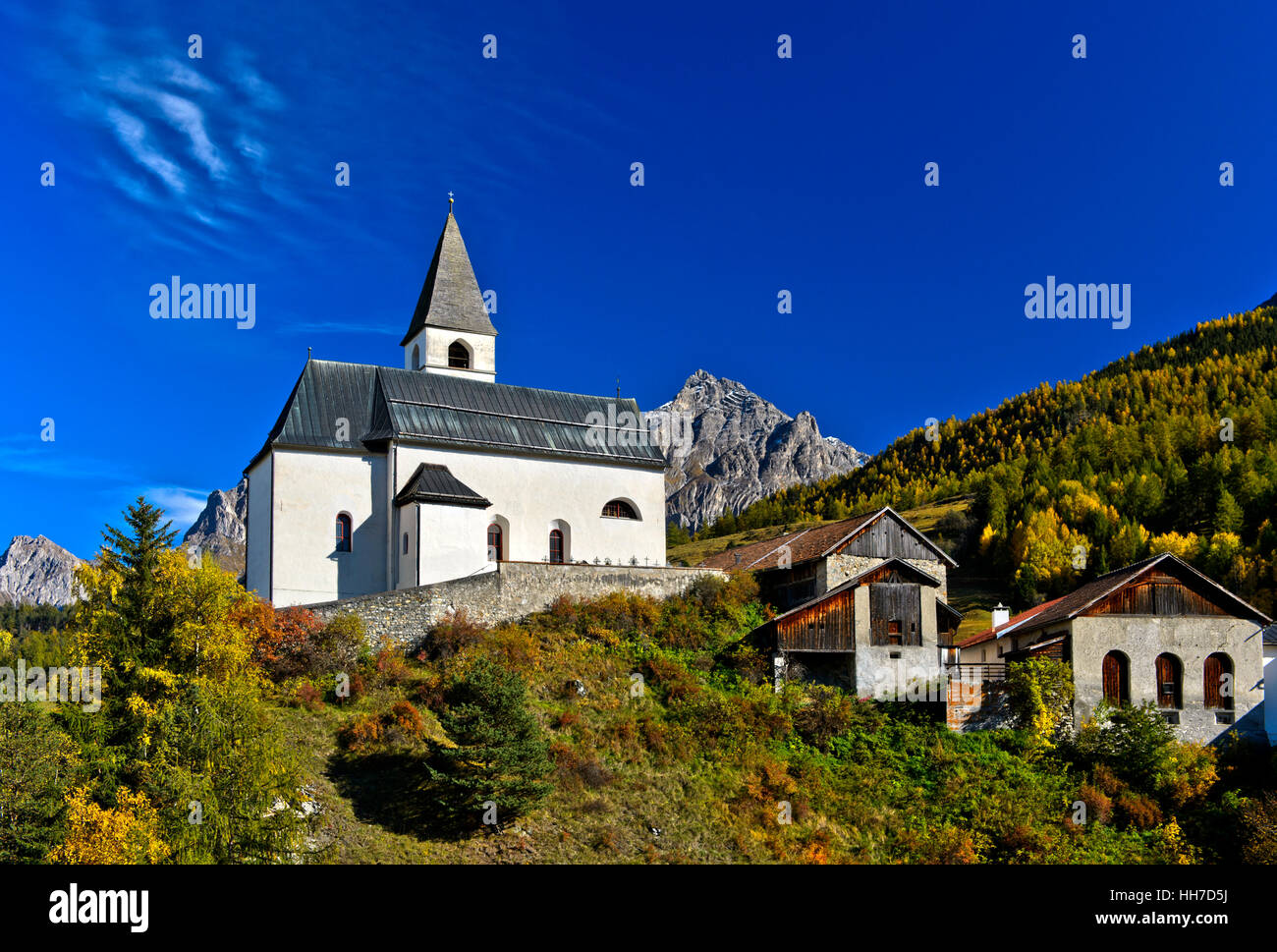 Church in Tarasp, Engadin, Grisons, Switzerland Stock Photo