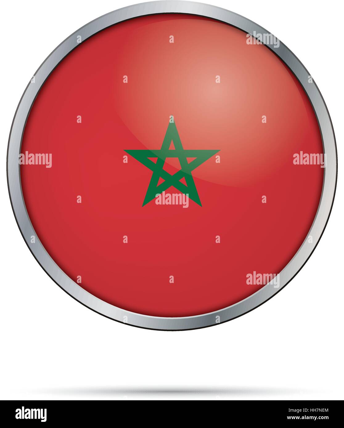 Vector Moroccan flag button. Morocco flag glass button style with metal frame. Stock Vector