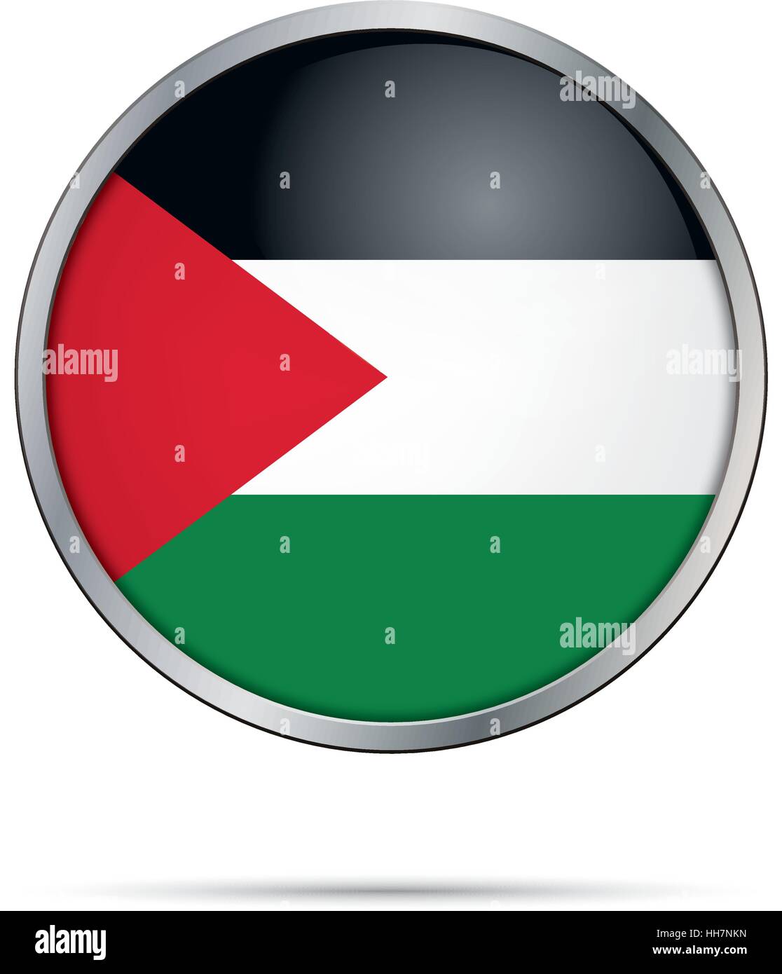 Vector Palestinian flag button. Palestine flag glass button style with metal frame. Stock Vector