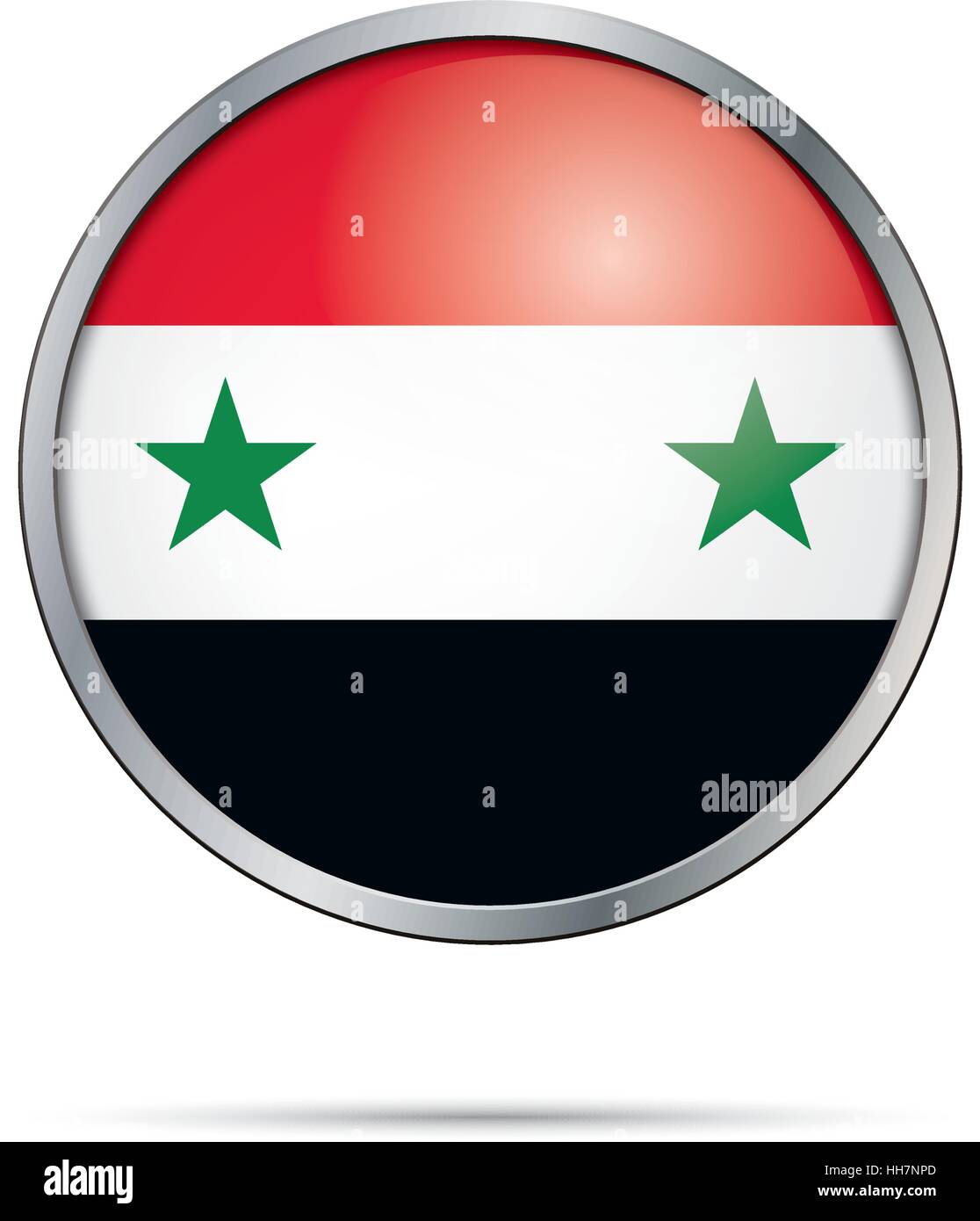 Vector Syrian flag button. Syria flag glass button style with metal frame. Stock Vector