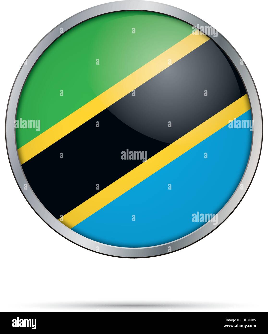 Vector Tanzanian flag button. Tanzania flag glass button style with metal frame. Stock Vector