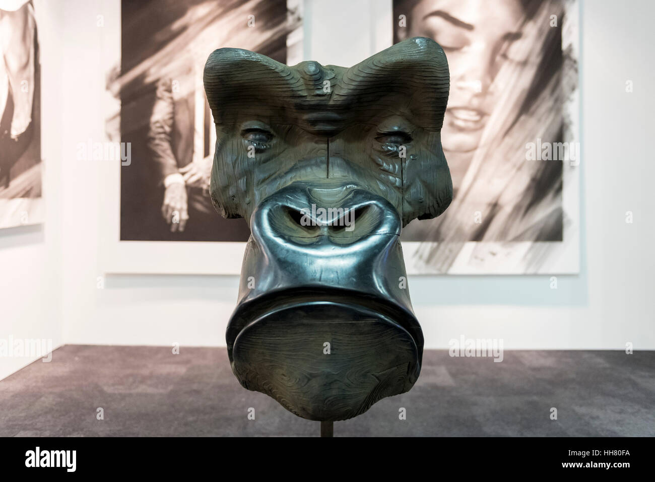 London, UK. 17th Jan, 2017. A striking face of a gorilla is on show by the Mazel Galerie from Brussels, at the preview of the 29th London Art Fair, the UK's premier fair for Modern British and contemporary art, taking place at the Business Design Centre in Islington from 18-22 January 2017, where 129 galleries from 18 different countries will be presenting their artworks. Credit: Stephen Chung/Alamy Live News Stock Photo