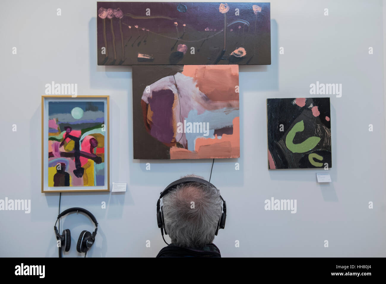 Islington, London, UK. 17th Jan, 2017. Sound and vision works in a collaboration between Brian Eno and Beezy Bailey in the Perve Gallery - The 29th edition of London Art Fair takes place in the Business and Design Centre, Islington, from 18-22 January 2017. Credit: Guy Bell/Alamy Live News Stock Photo