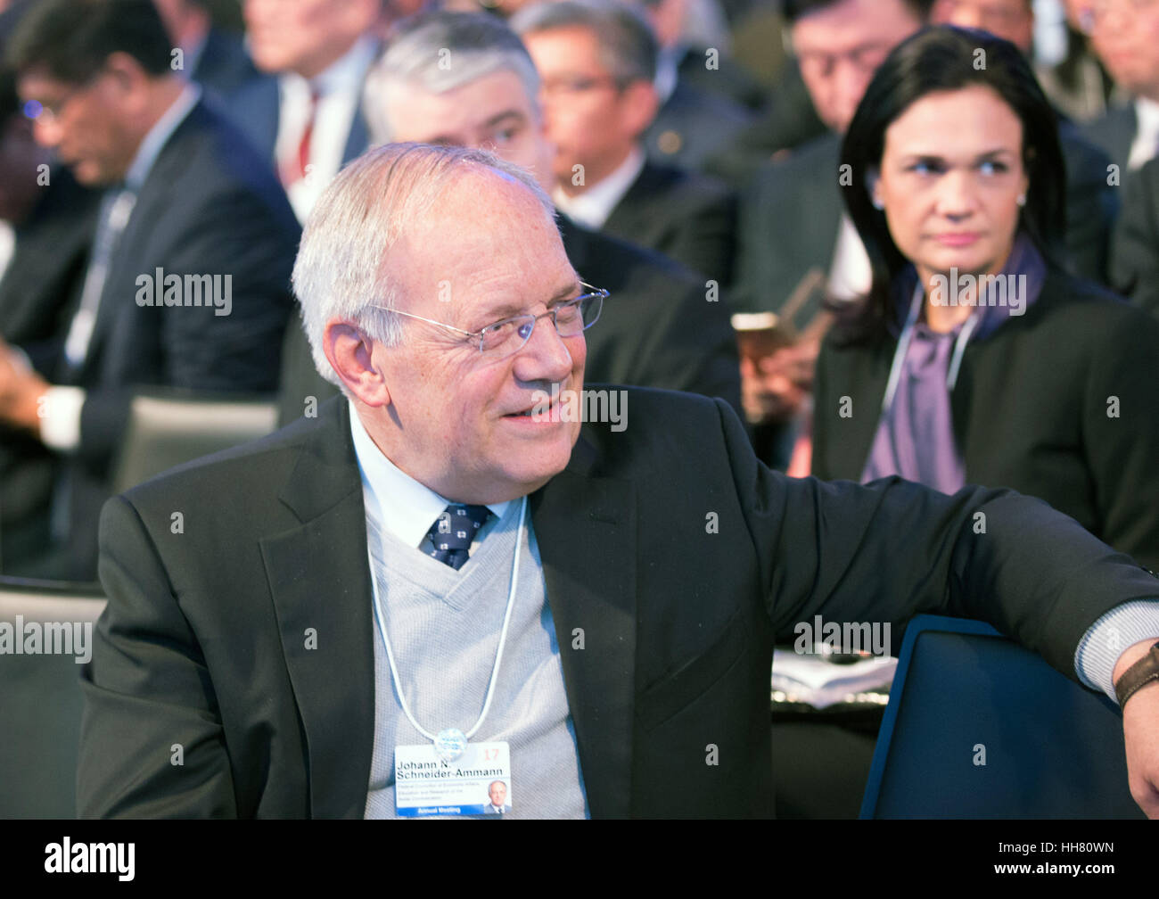 (170117) -- DAVOS, Jan. 17, 2017 (Xinhua) -- Swiss Economy Minister Johann Schneider-Ammann attends the opening session of the World Economic Forum (WEF)'s annual meeting in Davos, Switzerland, Jan. 17, 2017. The 47th WEF's annual meeting kicked off in Davos on Jan. 17 and will last to Jan. 20. (Xinhua/Xu Jinquan)(zhf) Stock Photo