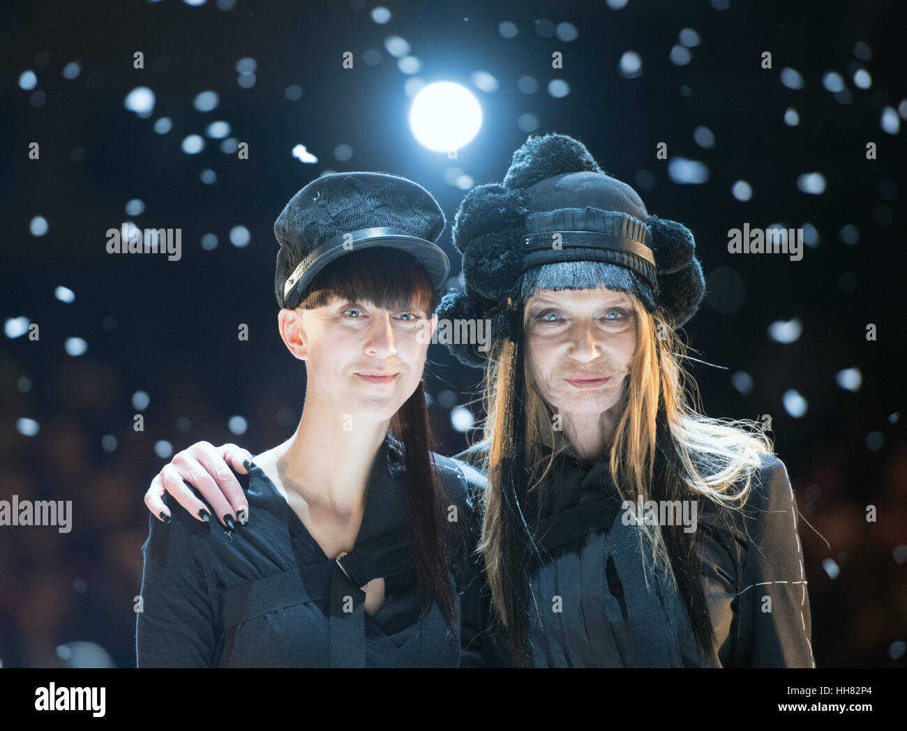 Berlin, Germany. 17th Jan, 2017. Actress Veruschka Graefin von Lehndorff (R) and Esther Perbandt standing on stage at the end of her show at Mercedes-Benz Fashion Week in Berlin, Germany, 17 January 2017. Credit: dpa picture alliance/Alamy Live News Stock Photo