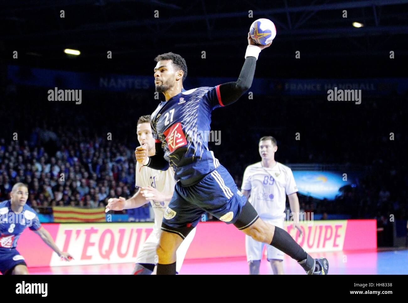Nantes, France. 17th January, 2017. Adrien Dipanda of France seen during the France vs Russia game for the Men's Handball Championship in Nantes. Credit: Laurent Lairys/Agence Locevaphotos/Alamy Live News Stock Photo