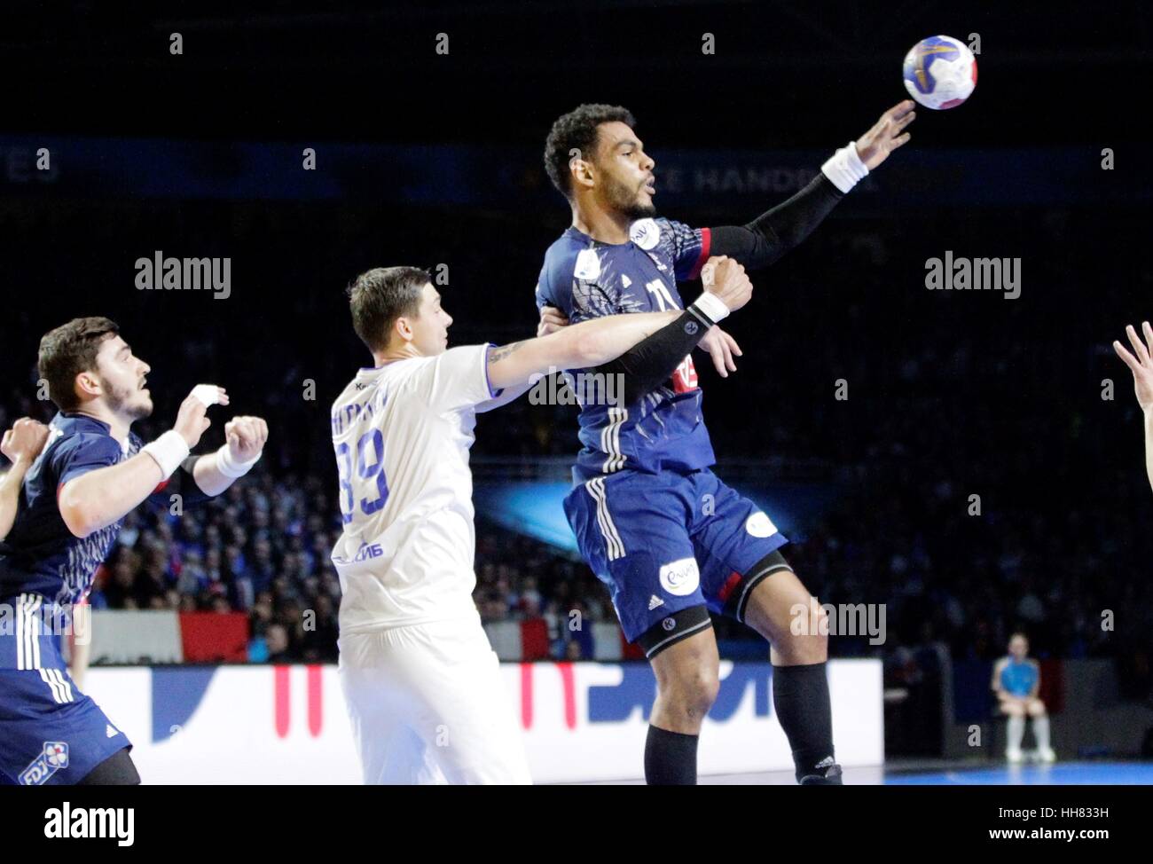 Nantes, France. 17th January, 2017. Adrien Dipanda of France seen during the France vs Russia game for the Men's Handball Championship in Nantes. Credit: Laurent Lairys/Agence Locevaphotos/Alamy Live News Stock Photo